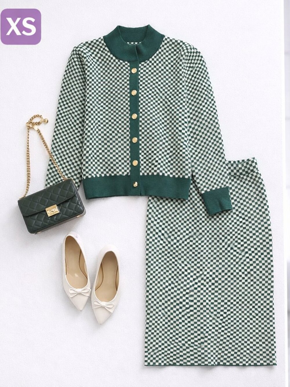 NWT Green Checkered Knit Set (XS) – Elegant & Chic